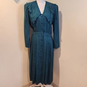 KARIN STEVES Vintage 80s Green  Teal Button-Up  Middi Dress 14